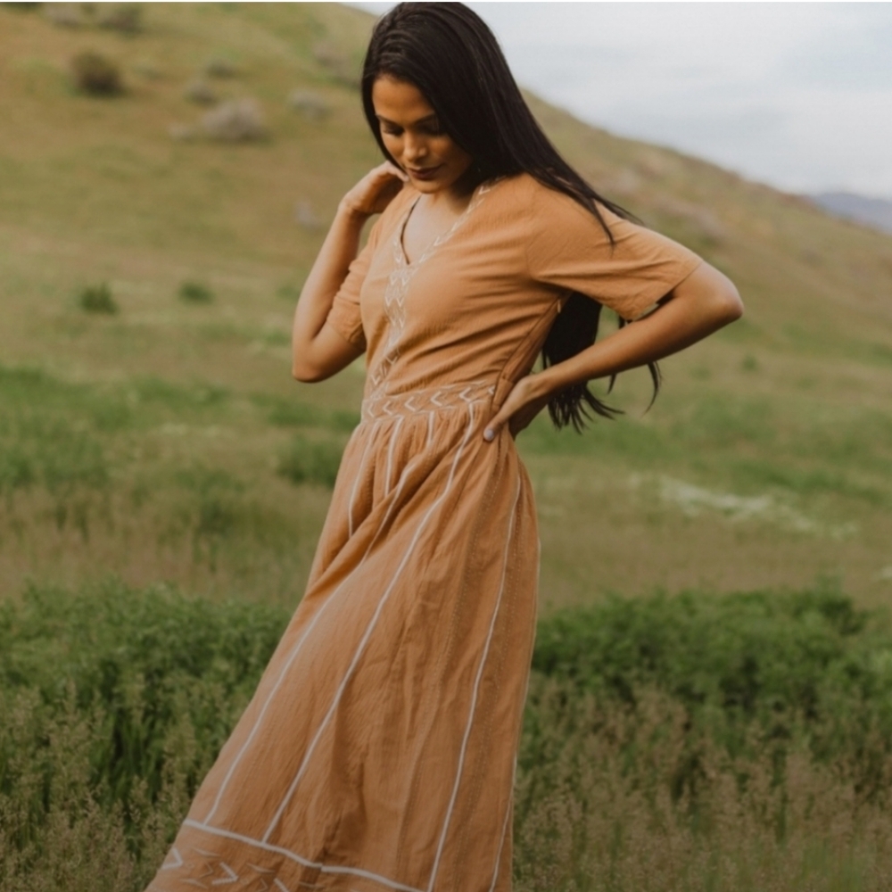 Roolee Embroidered crinkle cotton midi dress size small